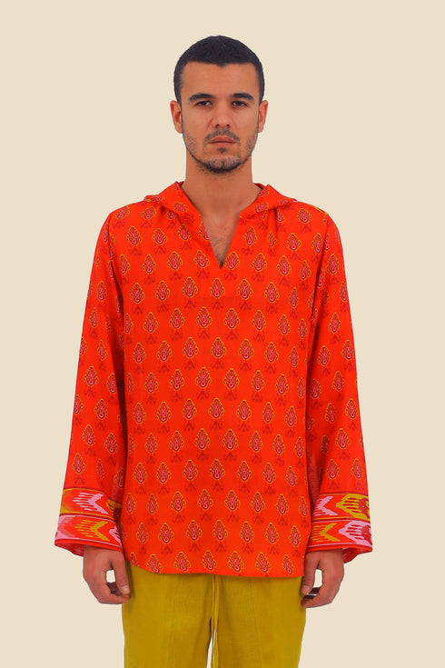 Shirt in printed cotton gauze with hoodie